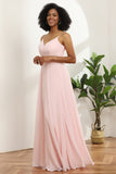 Robe de demoiselle d'honneur longue en mousseline de soie rose à bretelles spaghetti