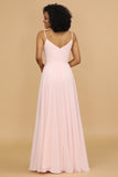 Robe de demoiselle d'honneur longue en mousseline de soie rose à bretelles spaghetti