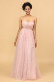 Une Ligne Bretelles Spaghetti Blush Longue Robe de Demoiselle d'Honneur