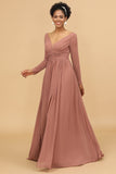 Col en V blush Manches Longues Robe-demoiselle d’honneur