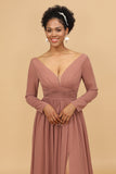Col en V blush Manches Longues Robe-demoiselle d’honneur