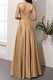 Robe de bal longue en satin champagne avec fente
