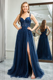 Navy Tulle A Line Backless Appliqued Long Corset Prom Dress With Slit