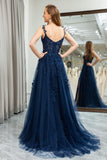 Navy Tulle A Line Backless Appliqued Long Corset Prom Dress With Slit