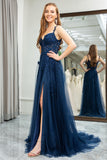 Robe de bal longue Corset longue en tulle bleu marine A Line Backless Appliqued avec fente