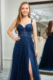 Robe de bal longue Corset longue en tulle bleu marine A Line Backless Appliqued avec fente