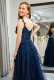 Robe de bal longue Corset longue en tulle bleu marine A Line Backless Appliqued avec fente