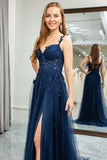 Robe de bal longue Corset longue en tulle bleu marine A Line Backless Appliqued avec fente