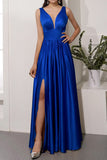Robe de bal longue en satin champagne avec fente