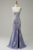 Robe de bal longue longue bleu clair à col en V sirène tendance avec fente appliques