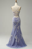 Robe de bal longue longue bleu clair à col en V sirène tendance avec fente appliques