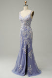 Robe de bal longue longue bleu clair à col en V sirène tendance avec fente appliques