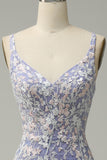 Robe de bal longue longue bleu clair à col en V sirène tendance avec fente appliques
