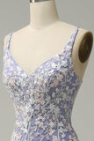 Robe de bal longue longue bleu clair à col en V sirène tendance avec fente appliques