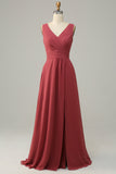V Col Désert Rose Sans manches Chiffon Robe de demoiselle d’honneur longue