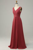V Col Désert Rose Sans manches Chiffon Robe de demoiselle d’honneur longue