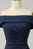 Robe de demoiselle d'honneur longue fourreau scintillante marine à épaules dénudées