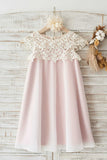 Col Rond Rose Clair Fleur Fille Robe avec Dentelle