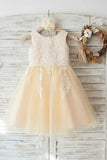 Jewel Champagne Fleur Fille Robe avec Dentelle