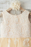 Jewel Champagne Fleur Fille Robe avec Dentelle