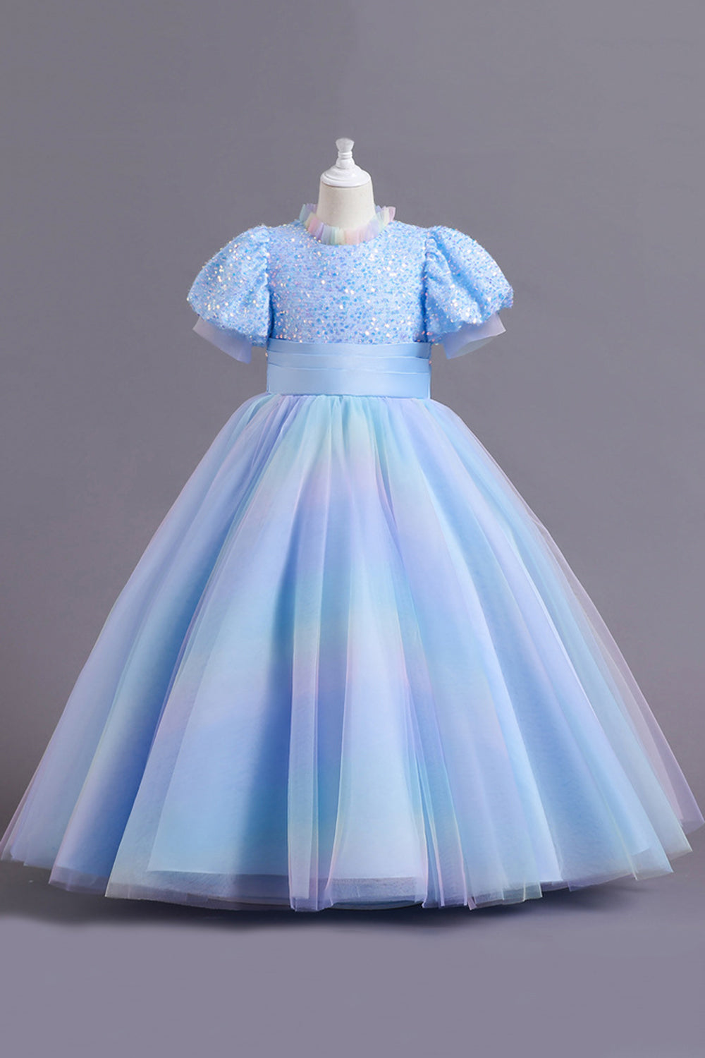 Manches Bouffantes Paillettes Bleues Tulle Robe Fille