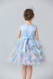Robe de fille à plusieurs niveaux en tulle bleu avec nœuds