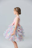 Robe de fille à plusieurs niveaux en tulle bleu avec nœuds