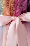 Robe A-ligne Sparkly Rose Sequins pour filles avec nœuds