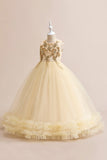 Champagne Tulle Une ligne Robe fille avec broderie