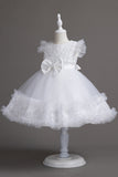 Robe de fille blanche à col bijou mignon avec nœud papillon