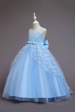 Fleur de tulle bleu Une ligne Robe longue pour filles