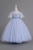 Robe bleue Fille de fleur en tulle ligne A avec perles