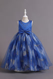 Robe de fille fleur de satin bleu avec perles