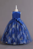 Robe de fille fleur de satin bleu avec perles