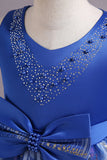 Robe de fille fleur de satin bleu avec perles