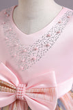 Robe de fille fleur de satin bleu avec perles