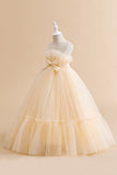 Sans bretelles Tulle blanc Une ligne de fleur Robe de fille avec nœud