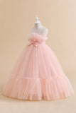 Sans bretelles Tulle blanc Une ligne de fleur Robe de fille avec nœud