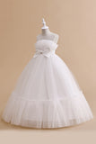 Sans bretelles Tulle blanc Une ligne de fleur Robe de fille avec nœud