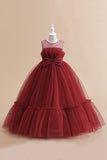Sans bretelles Tulle blanc Une ligne de fleur Robe de fille avec nœud