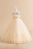 Sans bretelles Tulle blanc Une ligne de fleur Robe de fille avec nœud