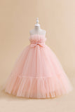 Sans bretelles Tulle blanc Une ligne de fleur Robe de fille avec nœud