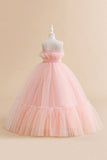 Sans bretelles Tulle blanc Une ligne de fleur Robe de fille avec nœud