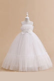 Sans bretelles Tulle blanc Une ligne de fleur Robe de fille avec nœud