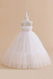 Sans bretelles Tulle blanc Une ligne de fleur Robe de fille avec nœud