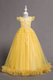 Tulle Bateau Cou Rose Robes De Filles avec Appliques