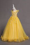 Tulle Bateau Cou Rose Robes De Filles avec Appliques