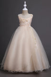 Tulle A-Line Col rond Robes blanches pour filles avec appliques