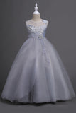 Tulle A-Line Col rond Robes blanches pour filles avec appliques