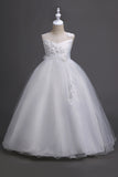 Tulle A-Line Col rond Robes blanches pour filles avec appliques